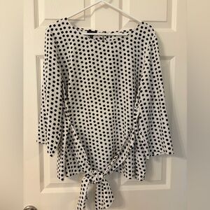 Talbots Black and White Polka Dot Tie-Front Long Sleeve Top